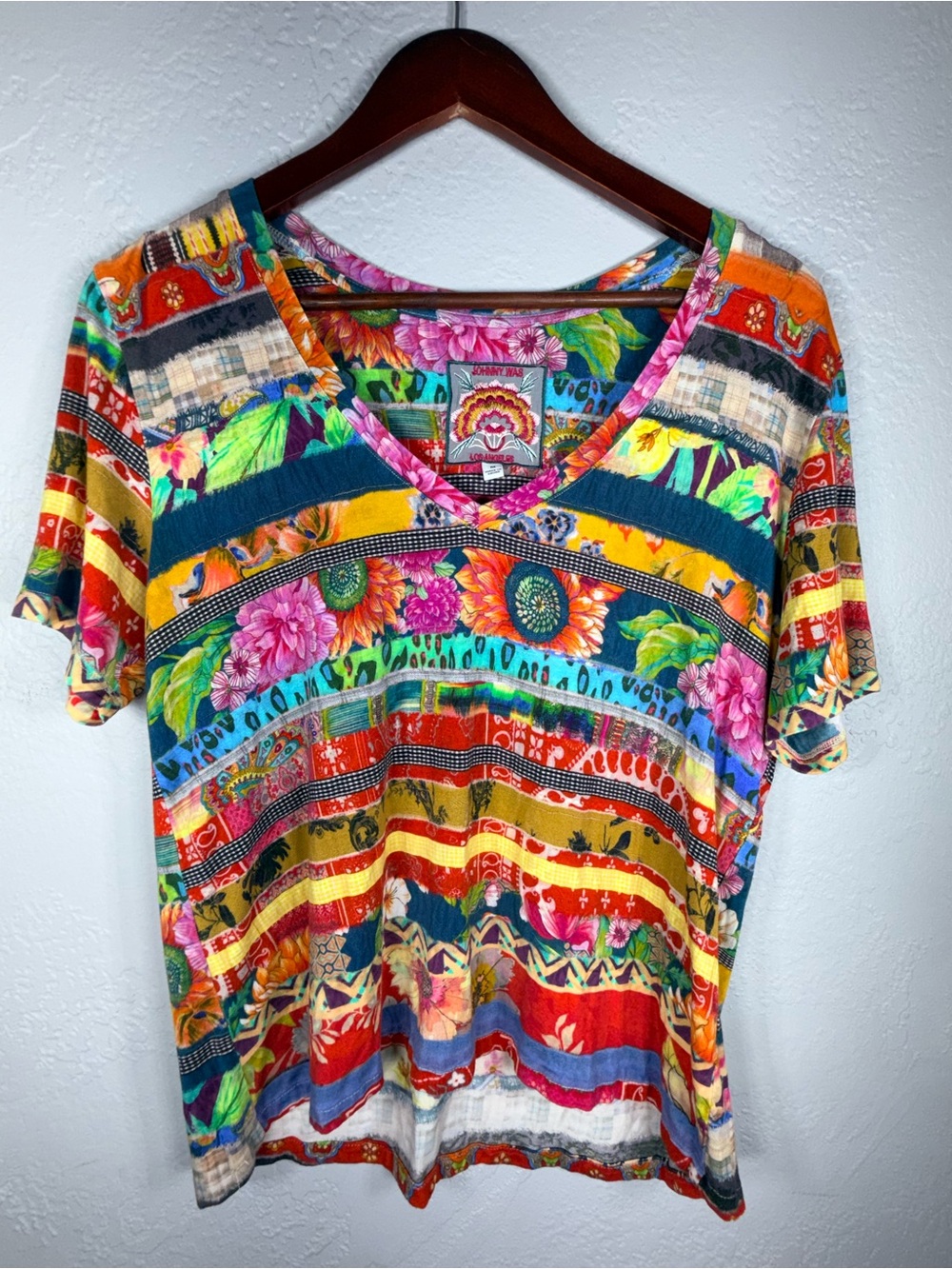 Johnny Was Multicolor Floral & Stripe V-Neck Short Sleeve Top
